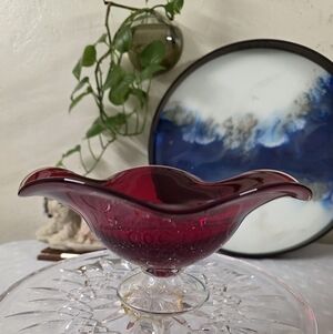 Ruby Red Handblown Glass Pedestal Compote Bowl